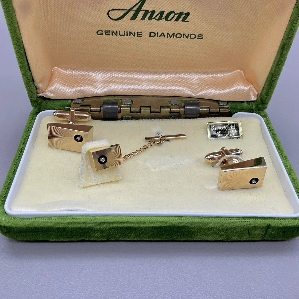 Anson Cufflinks Set Men 24KT Gold Plated Genuine Diamond Heavy Electroplate